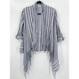 OOH LA LOFT Blue Gray Plaid Flowy Fringe Lightweight Roll Tab Cardigan Size S